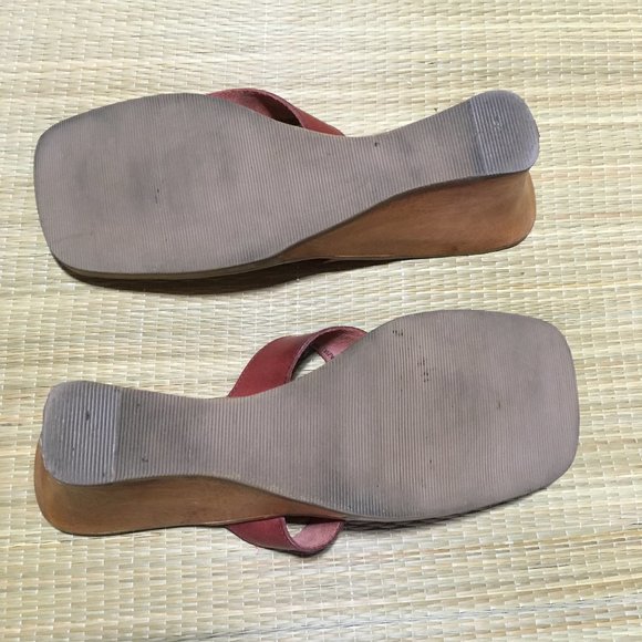 Vintage 90s Leather thong Wedge Sandal - Merlot Red - Size 10 - Picture 5 of 13